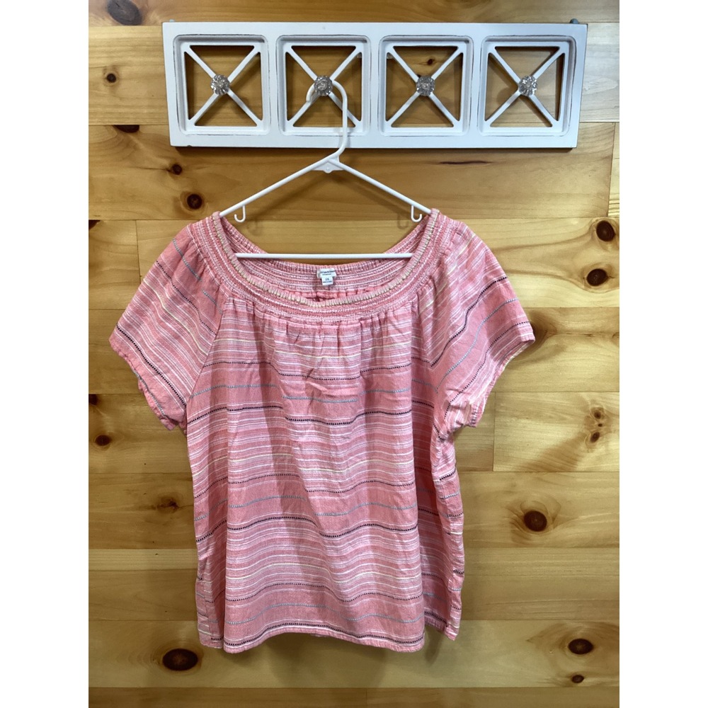 Chiunchloung Collection Womens 2X Pink Striped Cotton Smocked Neck Blouse Top